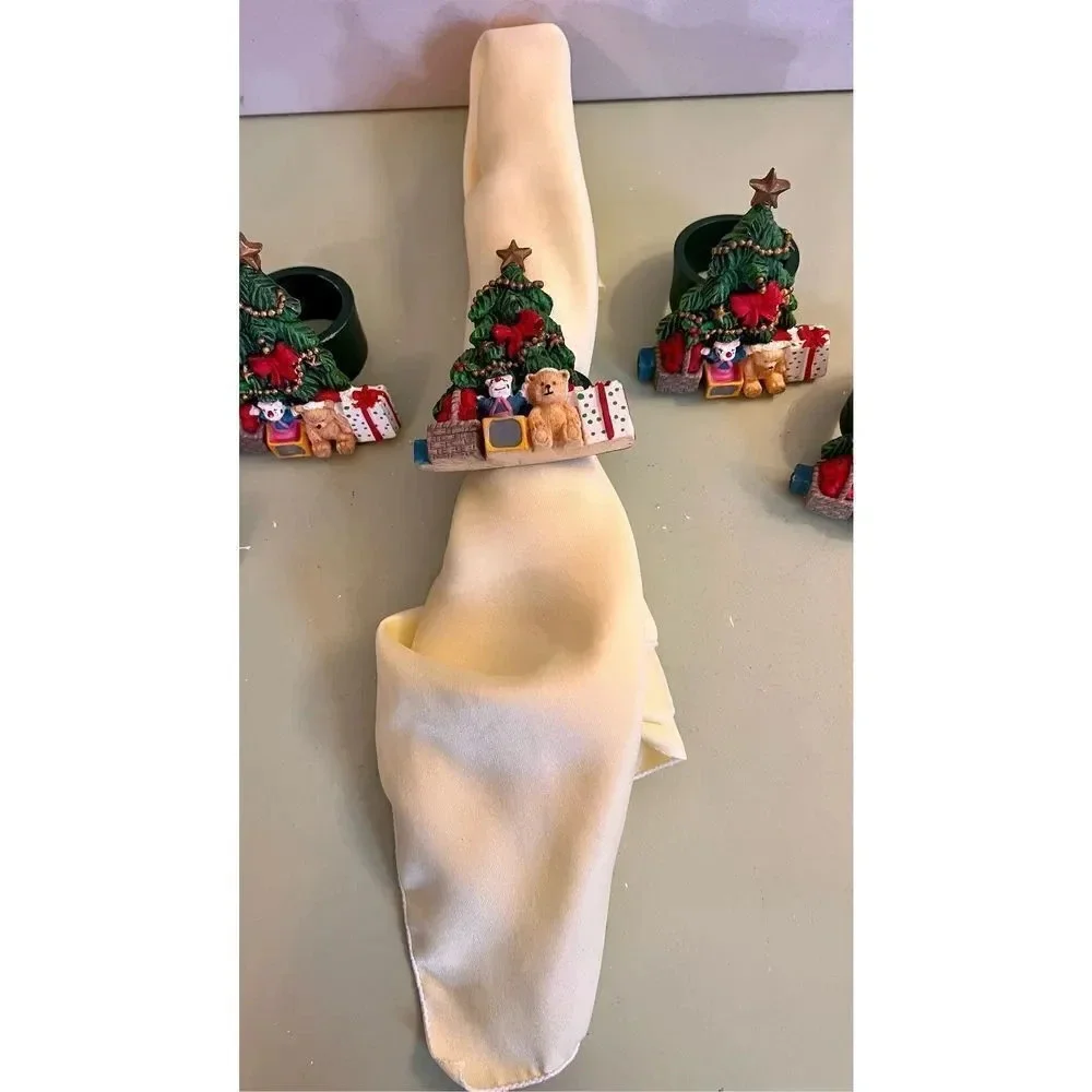 Vintage Hand Painted Christmas Present Teddy Bear Napkin Ring Holders‎ Lot of 5
